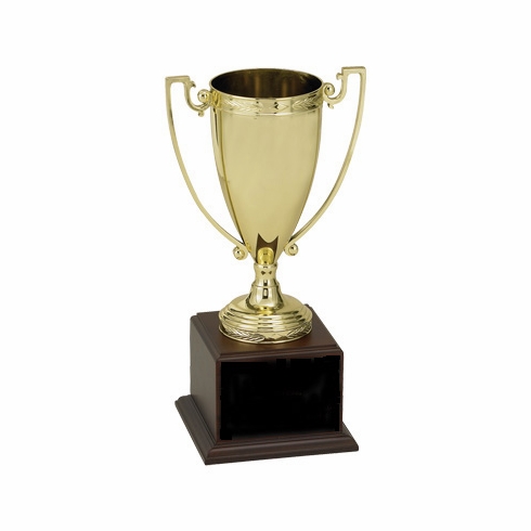 17-1/2 INCH TROPHY GOLD CUP WITH  BLACK PLATE ON WALNUT FINISH BASE