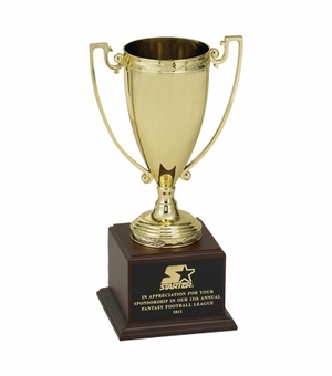 17-1/2 INCH TROPHY WITH 13 INCH GOLD CUP ON WALNUT WOOD BASE
