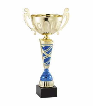 17-1/4 INCH GOLD WITH BLUE ACCENTS EUROPEAN STYLE TROPHY CUP ON BLACK MARBLE BASE
