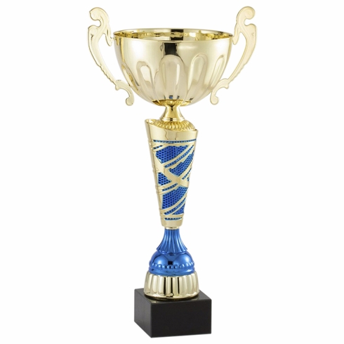 17-1/4 INCH GOLD WITH BLUE ACCENTS EUROPEAN STYLE TROPHY CUP ON BLACK MARBLE BASE