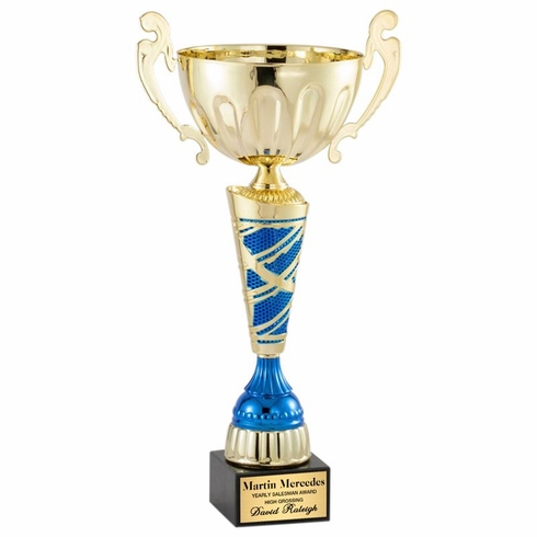 17-1/4 INCH GOLD WITH BLUE ACCENTS EUROPEAN STYLE TROPHY CUP ON BLACK MARBLE BASE