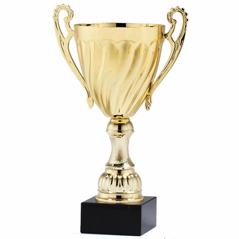 17-1/4 INCH HEIGHT SWIRL GOLD METAL TROPHY CUP ON A BLACK MARBLE BASE
