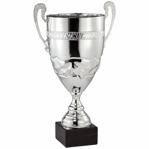 17-1/4 INCH ITALIAN SILVER DECORATIVE EMBOSSED TROPHY CUP ON GENUINE MARBLEBASE