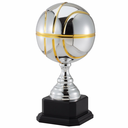 17-1/4 INCH TWO TONE BRIGHT SILVER AND GOLD BASKETBALL TROPHY