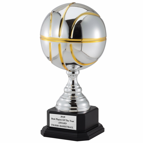 17-1/4 INCH TWO TONE BRIGHT SILVER AND GOLD BASKETBALL TROPHY