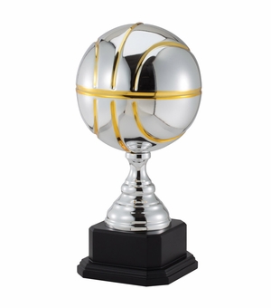17-1/4 INCH TWO TONE BRIGHT SILVER AND GOLD BASKETBALL TROPHY