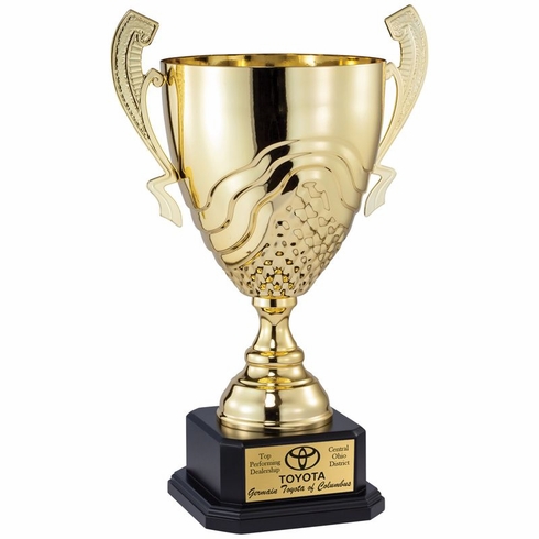 17-3/4 INCH GOLD METAL SWIRL AND GRID CUP ON BLACK MARBLE BASE