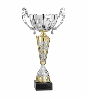 17-3/4 INCH SILVER WITH GOLD ACCENTS EUROPEAN STYLE TROPHY CUP ON BLACK MARBLE BASE