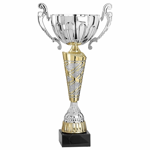 17-3/4 INCH SILVER WITH GOLD ACCENTS EUROPEAN STYLE TROPHY CUP ON BLACK MARBLE BASE