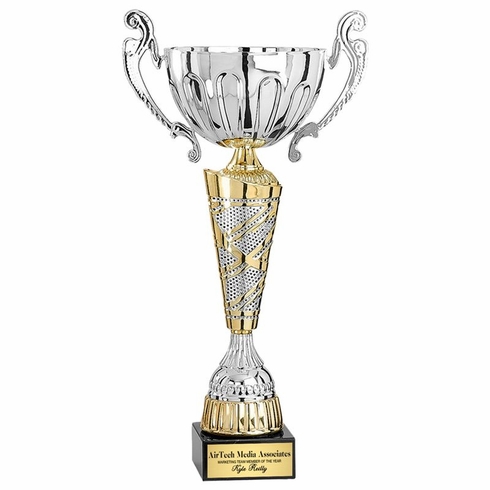 17-3/4 INCH SILVER WITH GOLD ACCENTS EUROPEAN STYLE TROPHY CUP ON BLACK MARBLE BASE