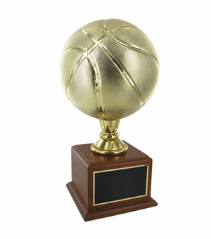 17 INCH GOLD BASKETBALL TROPHY WITH 9 INCH DIAMETER BALL ON WALNUT BASE