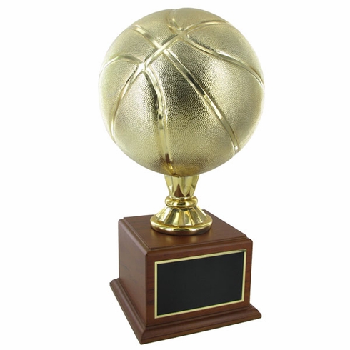 17 INCH GOLD BASKETBALL TROPHY WITH 9 INCH DIAMETER BALL ON WALNUT BASE