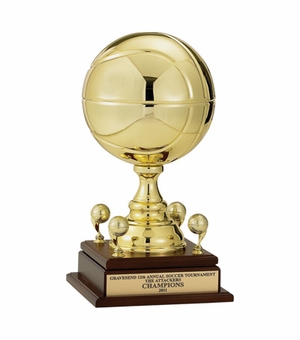 17 INCH GOLD METAL BASKETBALL TROPHY WITH 9 INCH DIAMETER BALL AND TRIMS