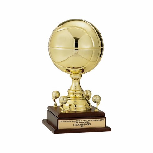 17 INCH GOLD METAL BASKETBALL TROPHY WITH 9 INCH DIAMETER BALL AND TRIMS