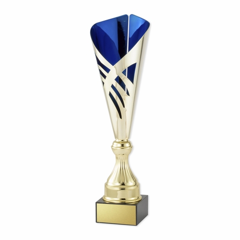 17 INCH GOLD WITH BLUE ACCENTS EUROPEAN STYLE TROPHY CUP ON BLACK MARBLE BASE