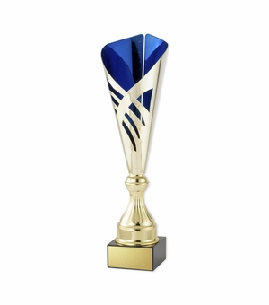 17 INCH GOLD WITH BLUE ACCENTS EUROPEAN STYLE TROPHY CUP ON BLACK MARBLE BASE