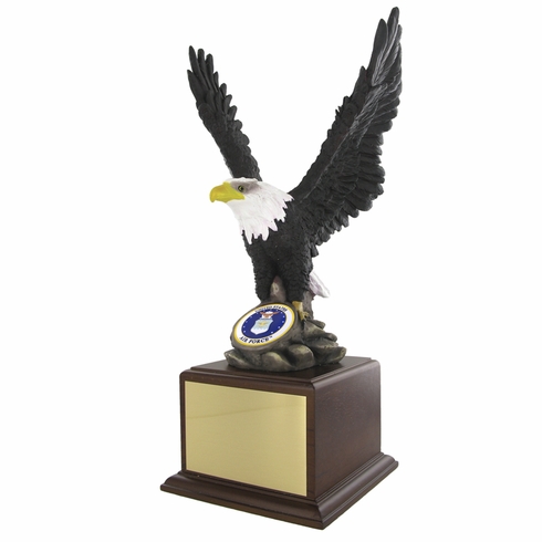 17 Inch Hand Painted Resin Eagle on Rock Trophy With 2 Inch U.S. Air Force Medallion Insert on Walnut Finish Wood Base
