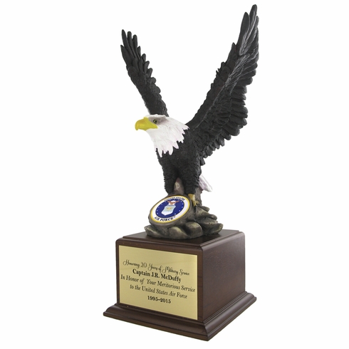 17 Inch Hand Painted Resin Eagle on Rock Trophy With 2 Inch U.S. Air Force Medallion Insert on Walnut Finish Wood Base