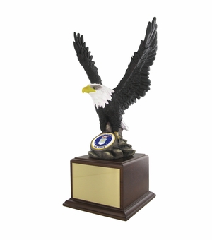17 Inch Hand Painted Resin Eagle on Rock Trophy With 2 Inch U.S. Air Force Medallion Insert on Walnut Finish Wood Base
