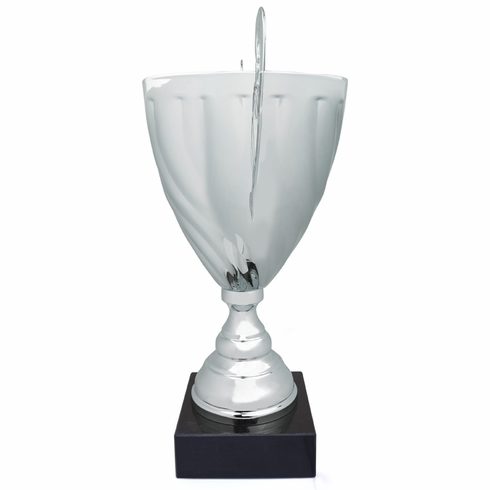 17 INCH ITALIAN SILVER TROPHY CUP SWIRL PATTERN ON BLACK MARBLE BASE
