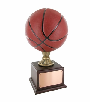 17 INCH PAINTED BASKETBALL TROPHY WITH 9-1/2 INCH DIAMETER BALL ON ROSEWOOD BASE