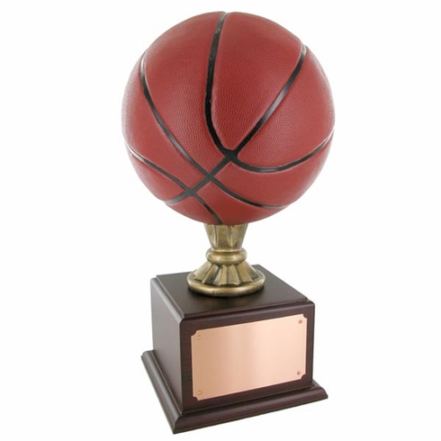 17 INCH PAINTED BASKETBALL TROPHY WITH 9-1/2 INCH DIAMETER BALL ON ROSEWOOD BASE