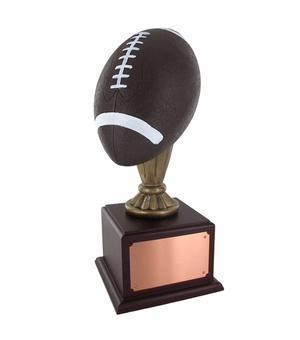 17 INCH PAINTED FOOTBALL TROPHY WITH 10-1/2 INCH DIAMETER BALL ON ROSEWOOD BASE