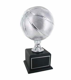 17 INCH SILVER BASKETBALL TROPHY WITH 9 INCH DIAMETER BALL ON BLACK BASE