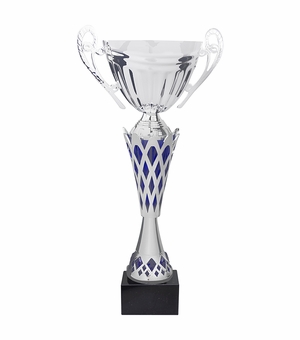17 INCH SILVER WITH BLUE ACCENTS EURPOPEAN STYLE TROPHY CUP ON BLACK MARBLE BASE