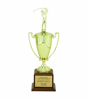 17 INCH TROPHY WITH 8-1/4 INCH GOLD CUP ON WALNUT BASE