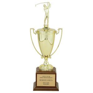 17 INCH TROPHY WITH 8-1/4 INCH GOLD CUP ON WALNUT BASE