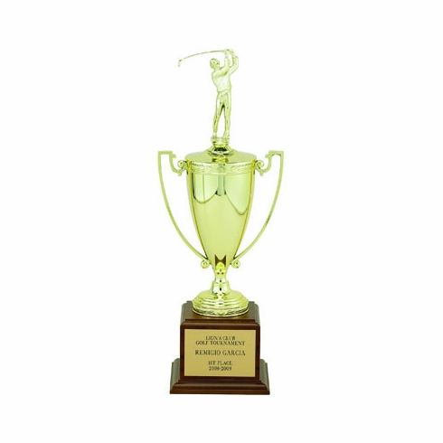 17 INCH TROPHY WITH 8-1/4 INCH GOLD CUP ON WALNUT BASE
