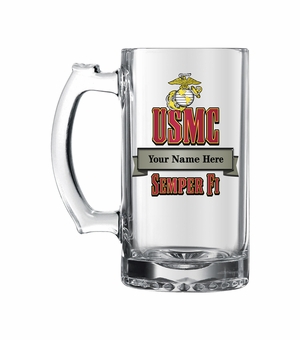 17 OUNCE U.S. MARINE CORPS GLASS TANKARD WITH BANNER FOR PERSONALIZATION NAME AND RANK