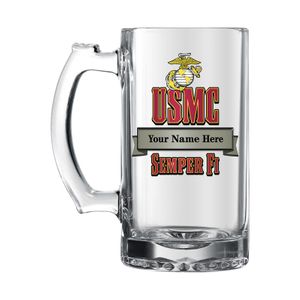 17 OUNCE U.S. MARINE CORPS GLASS TANKARD WITH BANNER FOR PERSONALIZATION NAME AND RANK