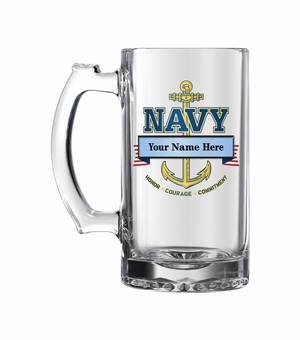 17 OUNCE U.S. NAVY GLASS TANKARD WITH BANNER FOR PERSONALIZATION NAME AND RANK