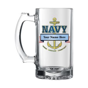 17 OUNCE U.S. NAVY GLASS TANKARD WITH BANNER FOR PERSONALIZATION NAME AND RANK
