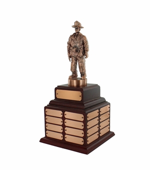 18-1/2 INCH FIRE FIGHTER BRONZE PERPETUAL TROPHY ROSEWOOD BASE WITH 32 NAME PLATES