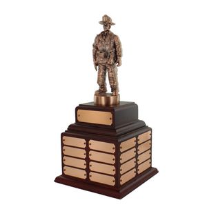 18-1/2 INCH FIRE FIGHTER BRONZE PERPETUAL TROPHY ROSEWOOD BASE WITH 32 NAME PLATES