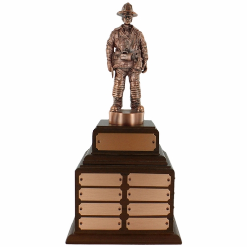 18-1/2 INCH FIRE FIGHTER BRONZE PERPETUAL TROPHY ROSEWOOD BASE WITH 32 NAME PLATES