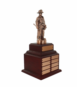 18-1/2 INCH FIRE FIGHTER BRONZE PERPETUAL TROPHY ROSEWOOD BASE WITH 8 NAME PLATES