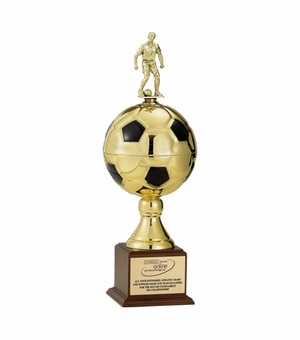 18-1/2 INCH GOLD SOCCER BALL TROPHY WITH 6-1/4 INCH DIAMETER BALL, TAKES FIGURE
