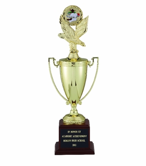 18-1/2 INCH TROPHY WITH 8-1/4 INCH METAL GOLD CUP TAKES FIGURE
