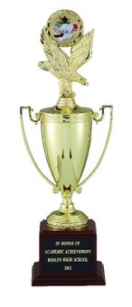 18-1/2 INCH TROPHY WITH 8-1/4 INCH METAL GOLD CUP TAKES FIGURE