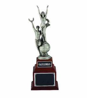 18-1/2 INCH VICTORY TROPHY WITH 12 INCH RESIN FIGURE ON WALNUT BASE