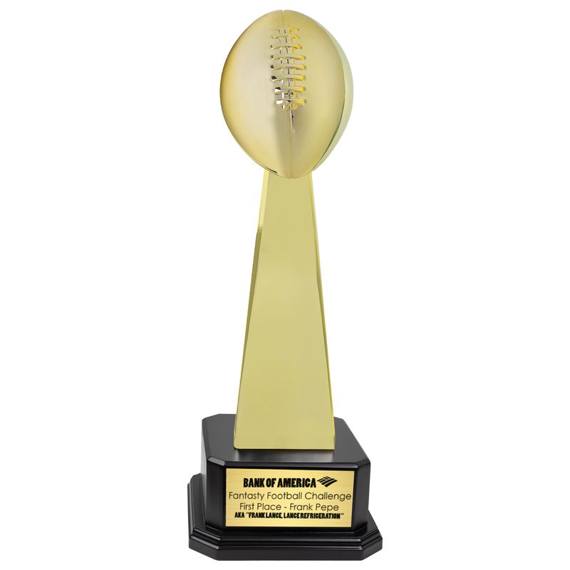 183/4 INCH BRIGHT GOLD FANTASY FOOTBALL TROPHY ON A BLACK WOOD BASE