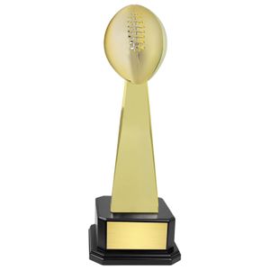 18-3/4 INCH BRIGHT GOLD FANTASY FOOTBALL TROPHY ON A BLACK WOOD BASE
