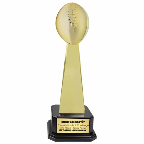 18-3/4 INCH BRIGHT GOLD FANTASY FOOTBALL TROPHY ON A BLACK WOOD BASE