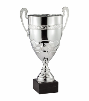 18 INCH ITALIAN SILVER DECORATIVE EMBOSSED TROPHY CUP ON GENUINE MARBLEBASE
