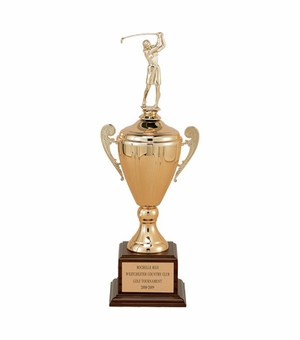 18 INCH SAVOIA SERIES TROPHY WITH 8-1/2 INCH METAL GOLD/SILVER CUP TAKES FIGURE