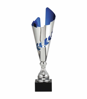 18 INCH SILVER WITH BLUE ACCENTS EUROPEAN STYLE TROPHY CUP ON BLACK MARBLE BASE